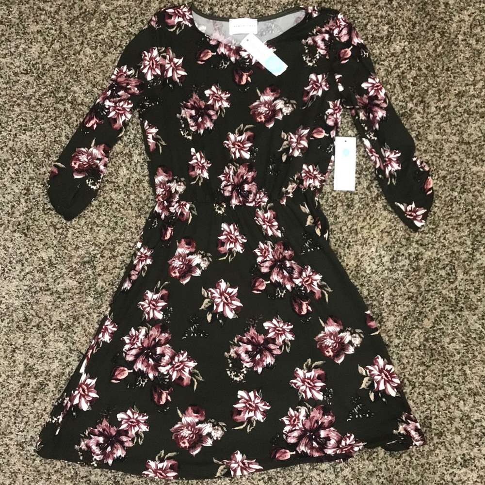“French Grey” Olive Floral Print Dress